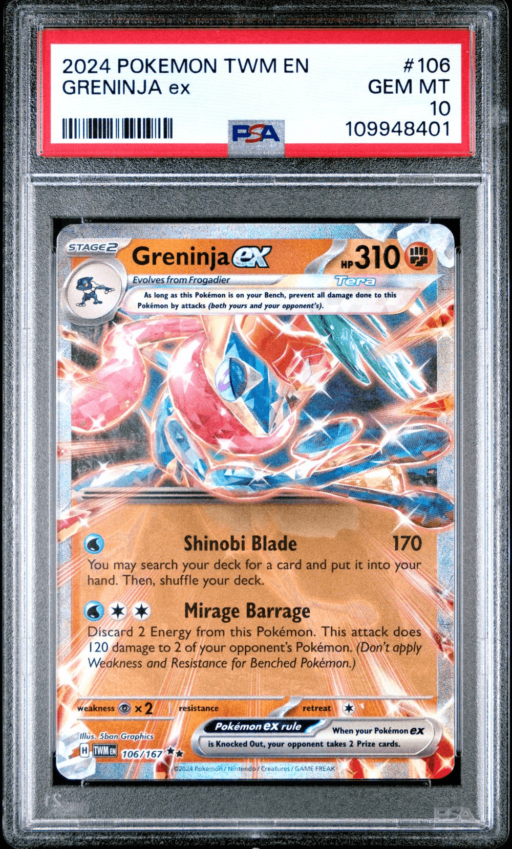 2024 Pokémon Twm EN-Twilight Masquerade #106 Greninja EX - Holo (PSA 10 GEM MINT) 1 Sat Ordinal